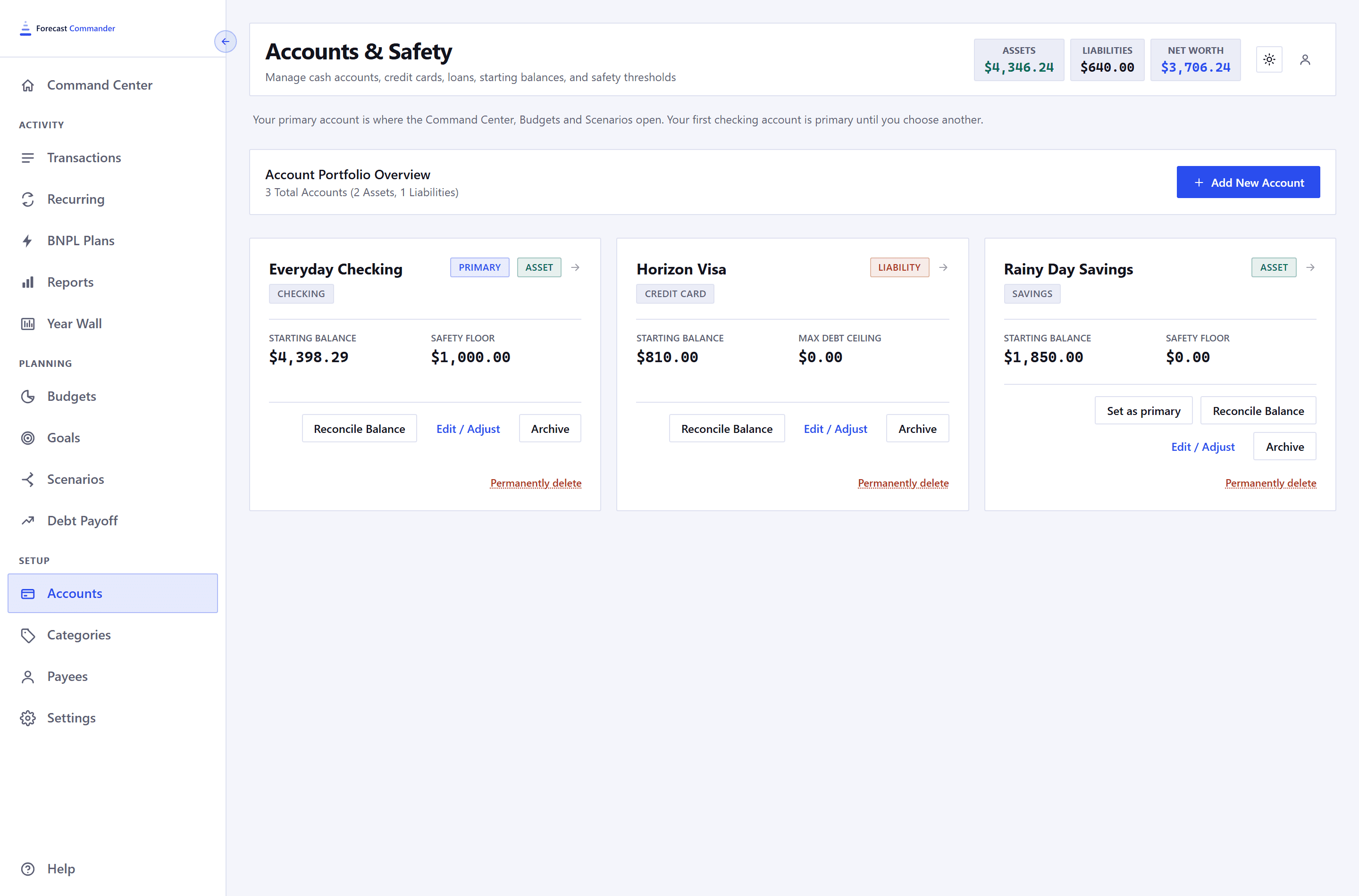 The Accounts and Safety page in a 1440 pixel window with the sidebar open. Assets, liabilities and net worth across the top, then a sentence saying the primary account is where the Command Center, Budgets and Scenarios open, then a portfolio overview line and an Add New Account button, then three account cards side by side, the first carrying a PRIMARY chip.