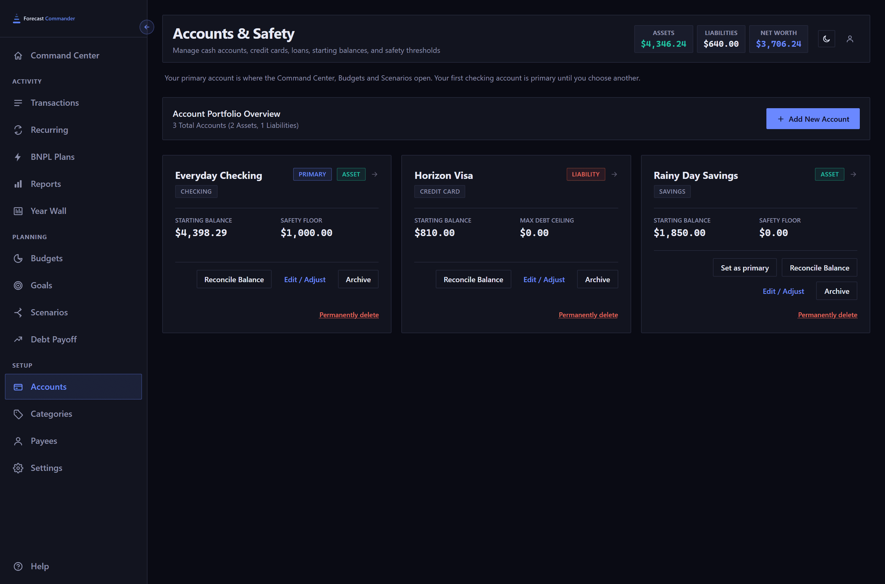 The Accounts and Safety page in a 1440 pixel window with the sidebar open. Assets, liabilities and net worth across the top, then a sentence saying the primary account is where the Command Center, Budgets and Scenarios open, then a portfolio overview line and an Add New Account button, then three account cards side by side, the first carrying a PRIMARY chip.