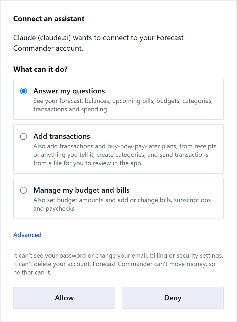 The page Claude opens to connect. It says Claude wants to connect to your Forecast Commander account and asks what it can do, with three choices and Answer my questions selected and an Advanced link, lists what it can never do, and offers Allow and Deny side by side.