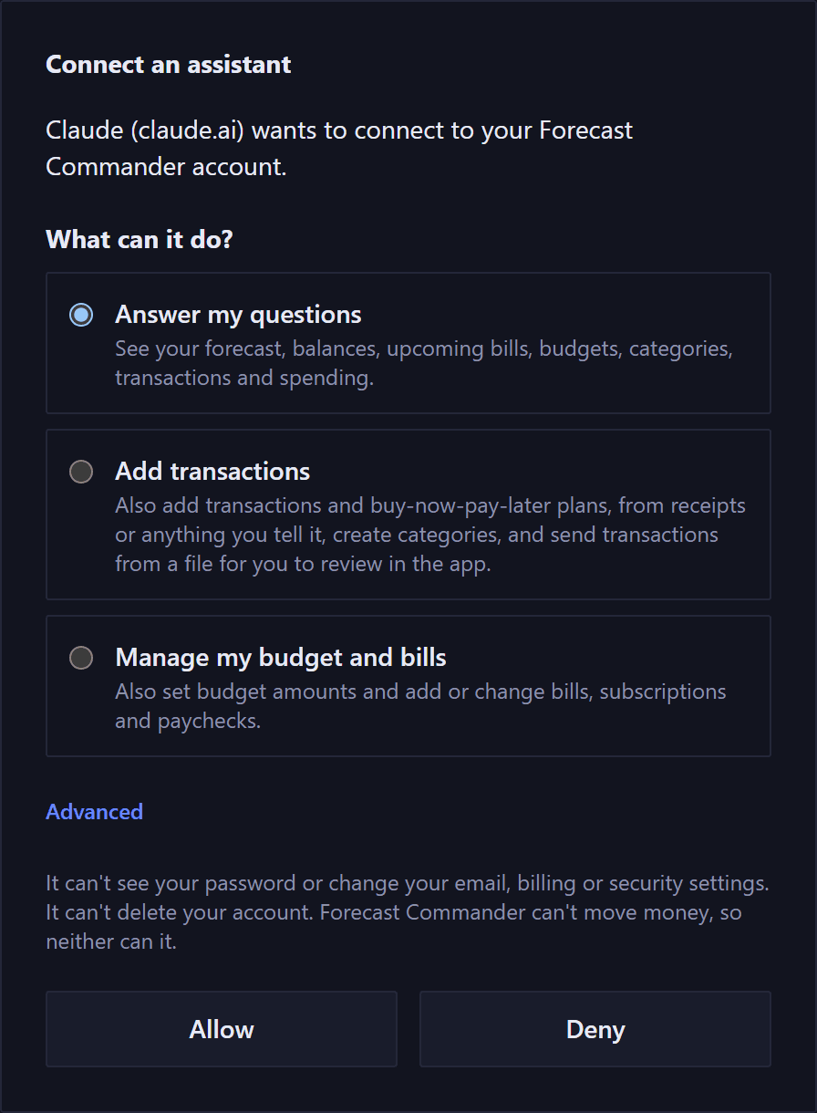 The page Claude opens to connect. It says Claude wants to connect to your Forecast Commander account and asks what it can do, with three choices and Answer my questions selected and an Advanced link, lists what it can never do, and offers Allow and Deny side by side.