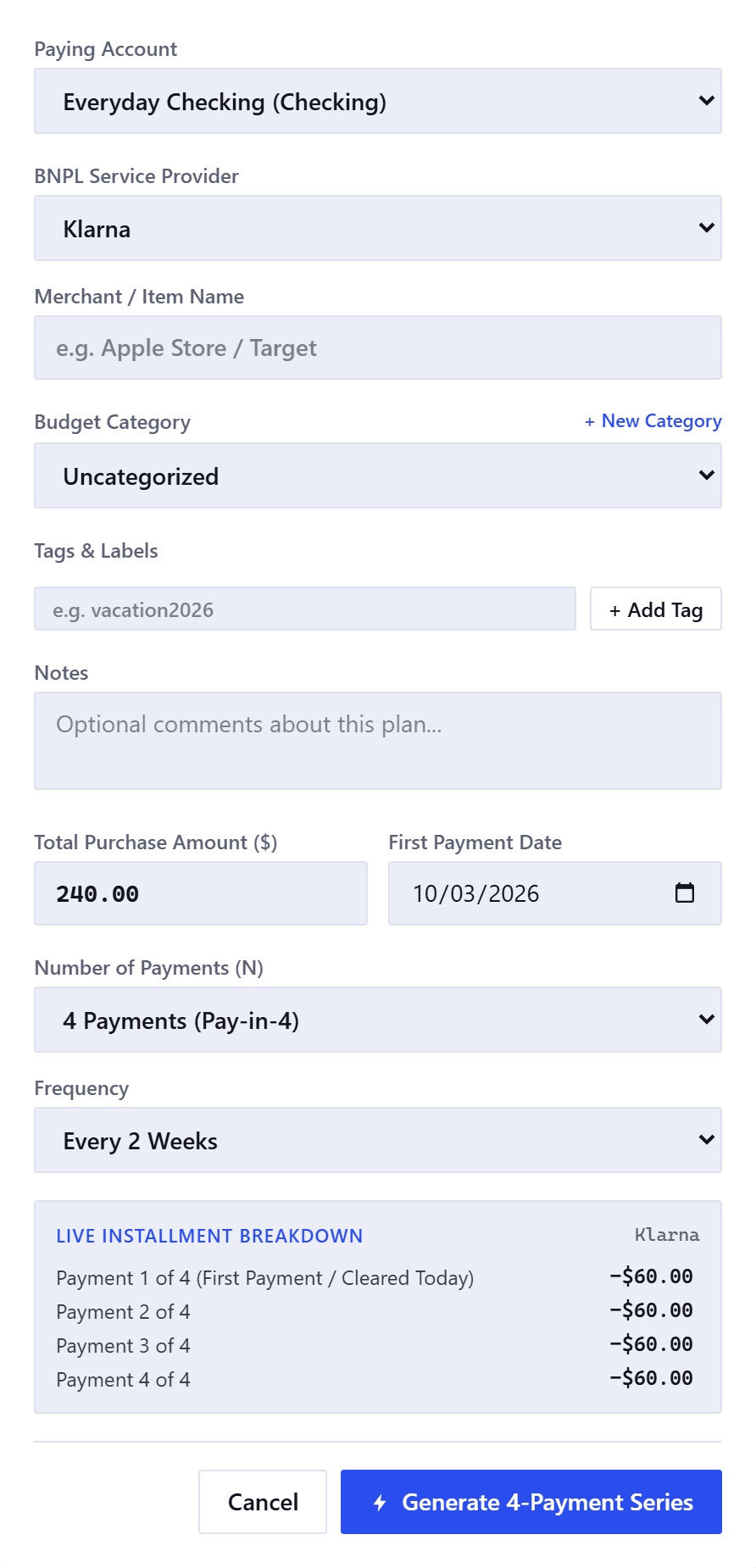 The Add BNPL or Pay-in-N Schedule form, showing the paying account, a provider dropdown, the merchant name, a budget category, tags, notes, the total purchase amount, the first payment date, a number of payments dropdown and a frequency, above a live installment breakdown listing each payment with its amount.