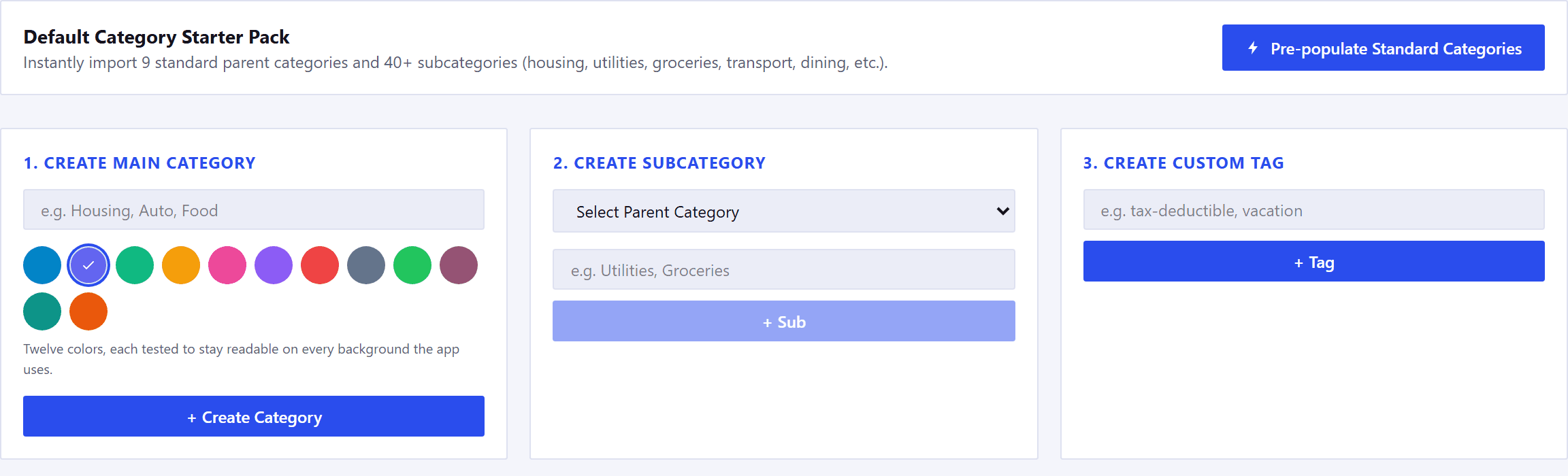 The top of the categories page: a Default Category Starter Pack panel offering to import 9 standard parent categories and 40 plus subcategories, with a Pre-populate Standard Categories button. Below it three numbered panels: create main category, with a name field, twelve color swatches with one selected, a note that each is tested to stay readable on every background the app uses, and a Create Category button; create subcategory, with a parent category menu, a name field and a Sub button; and create custom tag, with a tag field and a Tag button.