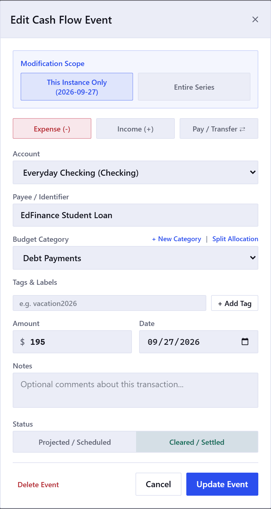 The Edit Cash Flow Event form. From the top: a Modification Scope choice, This Instance Only with its date or Entire Series; buttons for Expense, Income and Pay or Transfer; the account; the payee, filled in; the budget category, with links to create a new category or split the amount; tags; the amount and the date side by side; a notes box; a status pair reading Projected or Scheduled and Cleared or Settled; and Delete, Cancel and Update buttons along the bottom.