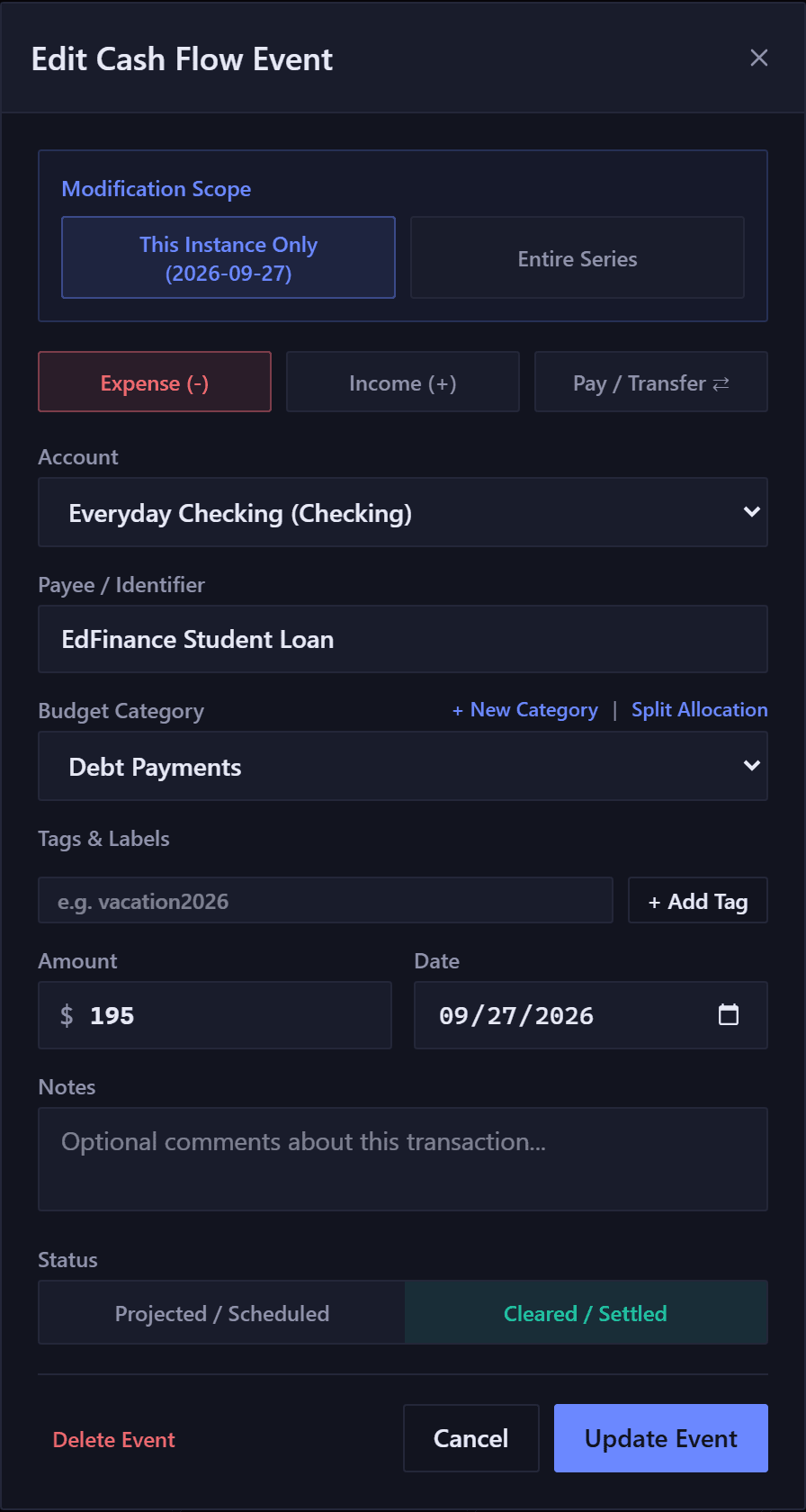 The Edit Cash Flow Event form. From the top: a Modification Scope choice, This Instance Only with its date or Entire Series; buttons for Expense, Income and Pay or Transfer; the account; the payee, filled in; the budget category, with links to create a new category or split the amount; tags; the amount and the date side by side; a notes box; a status pair reading Projected or Scheduled and Cleared or Settled; and Delete, Cancel and Update buttons along the bottom.