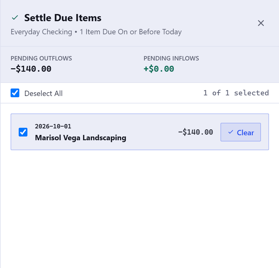 The top of the Settle Due Items panel. A heading names the account and the number of items due on or before today, then totals for pending outflows, minus 140 dollars, and inflows, zero. Below a Deselect All checkbox and a count reading one of one selected, a single row is ticked, with its date and its own Clear button: Marisol Vega Landscaping, minus 140 dollars.