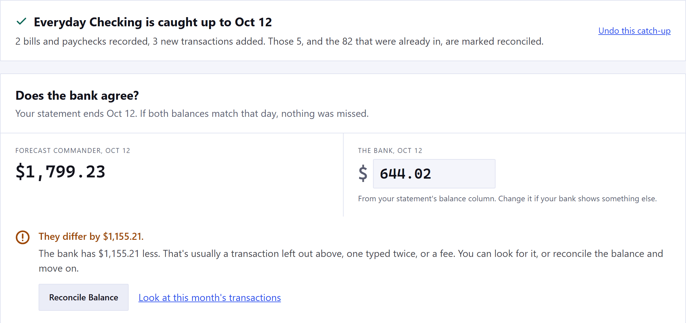 The end of a catch-up. A heading says the account is caught up to the statement's last day, with a link to undo it. Below, Does the bank agree? sets the app's balance that day beside the bank's, read from the statement, and a line says they differ, with a Reconcile Balance button.