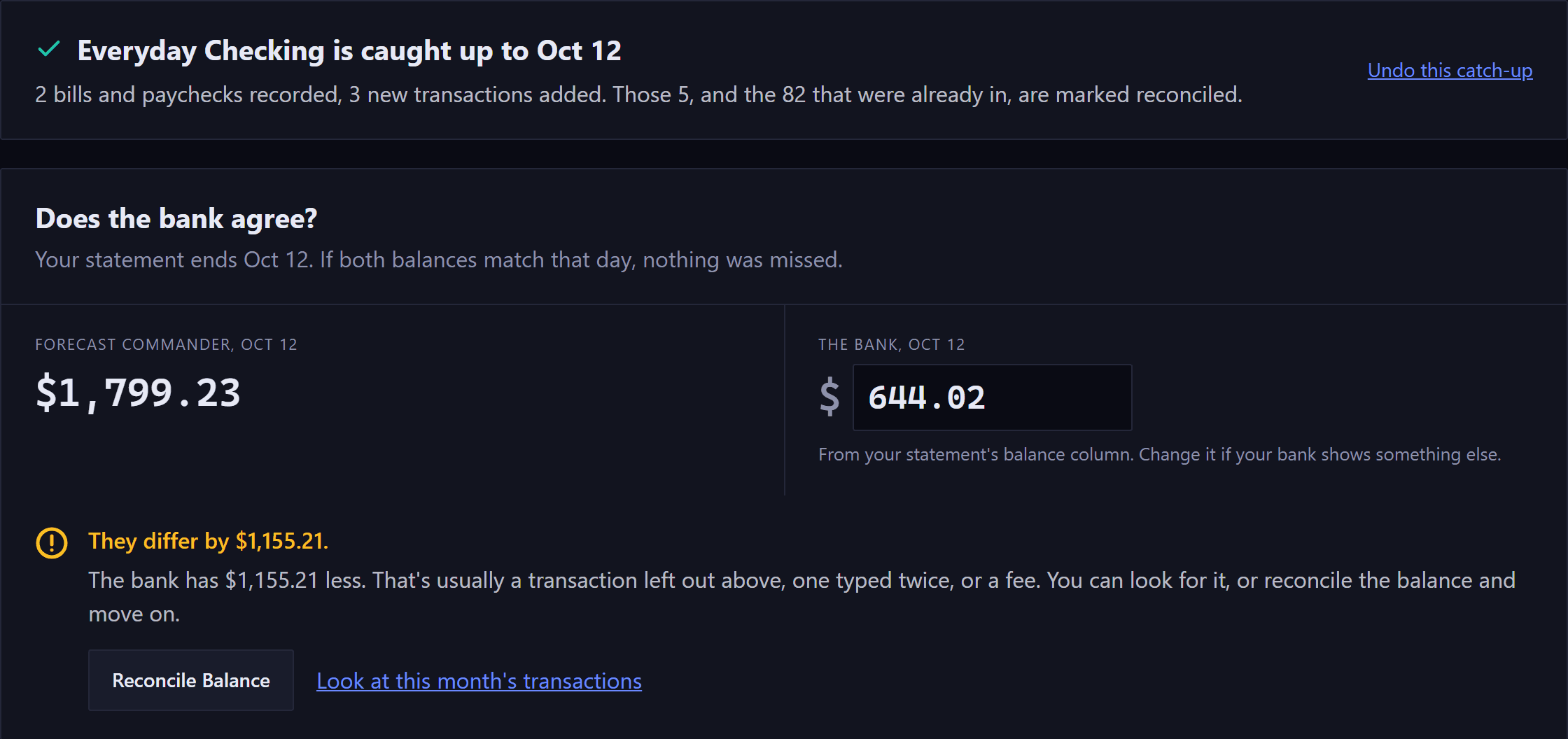 The end of a catch-up. A heading says the account is caught up to the statement's last day, with a link to undo it. Below, Does the bank agree? sets the app's balance that day beside the bank's, read from the statement, and a line says they differ, with a Reconcile Balance button.
