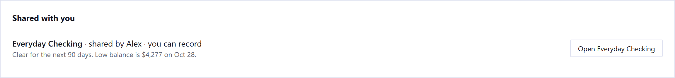 The Household page for someone an account has been shared with. Under Shared with you, one checking account with the sharer's name and the words you can record, its forecast sentence, and an Open button.