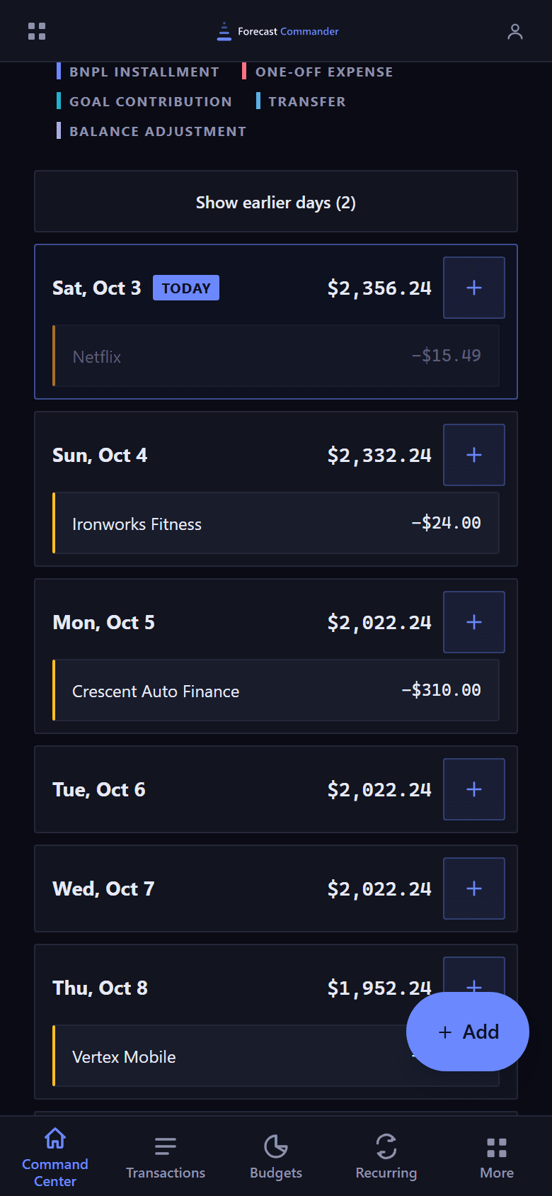 The Command Center calendar on a phone, as a list of days. At the top, the end of the legend naming the kinds by color: BNPL installment, one-off expense, goal contribution, transfer and balance adjustment. Then a Show earlier days button carrying its count, and one panel per day starting with today, marked TODAY, with its projected balance, 2,356 dollars 24, and a plus button to add a transaction on that day. Today holds one row, Netflix at minus 15 dollars 49, shown dimmed. The next days follow, each with its balance and its items: Ironworks Fitness at minus 24 dollars, Crescent Auto Finance at minus 310 dollars, then two days with nothing on them, then Vertex Mobile's day, partly behind the floating Add button. Each row has a colored left edge for its kind. Along the bottom, the tab bar with Command Center highlighted.