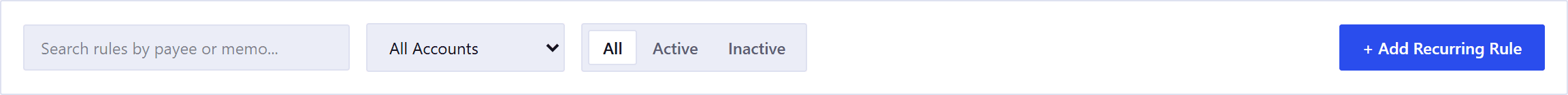 The controls above the table: a search field for payee or memo, an account filter, and a three-way control reading All, Active and Inactive, next to an Add Recurring Rule button.