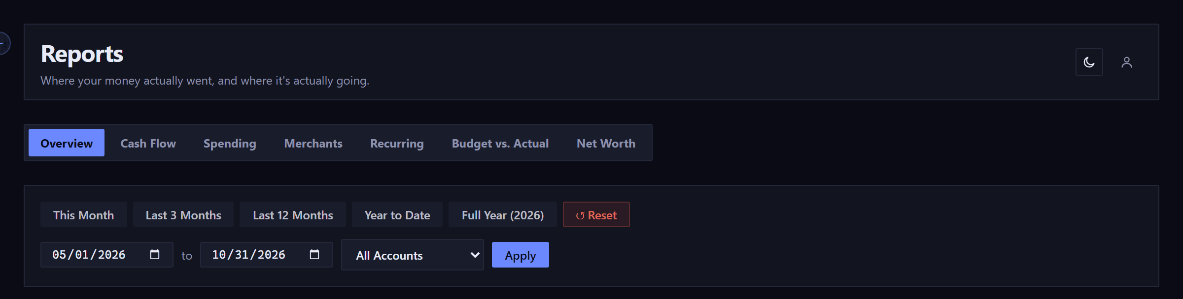 The report tabs: Overview, Cash Flow, Spending, Merchants, Recurring, Budget versus Actual and Net Worth, with Overview selected. Below them the filter bar with preset ranges, a date pair, an account filter and an Apply button.