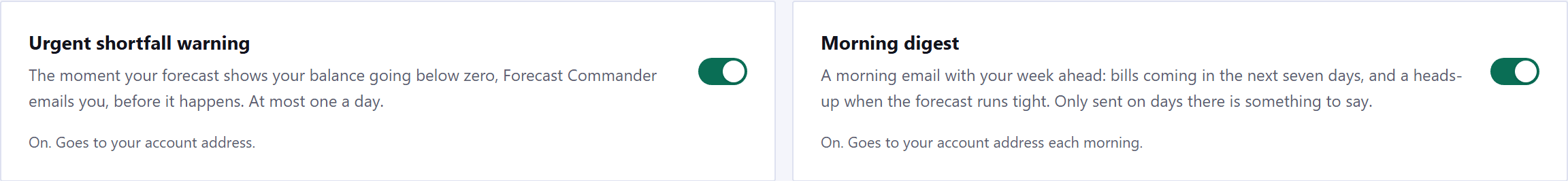 Two alert cards on the Notifications tab. Urgent shortfall warning, which emails you the moment the forecast shows the balance going below zero, at most one a day; and Morning digest, a morning email with bills due in the next seven days. Both switches are on, and each card says so underneath: On, goes to your account address.