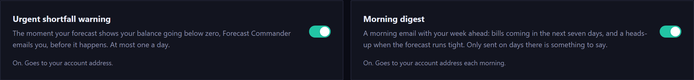 Two alert cards on the Notifications tab. Urgent shortfall warning, which emails you the moment the forecast shows the balance going below zero, at most one a day; and Morning digest, a morning email with bills due in the next seven days. Both switches are on, and each card says so underneath: On, goes to your account address.