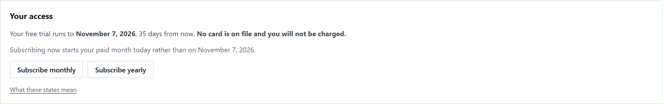 The Your access card during a trial. It gives the date the trial runs to and how many days that is, says no card is on file and you will not be charged, then notes that subscribing now starts the paid month today rather than on that date. Two buttons, Subscribe monthly and Subscribe yearly, and a What these states mean link.