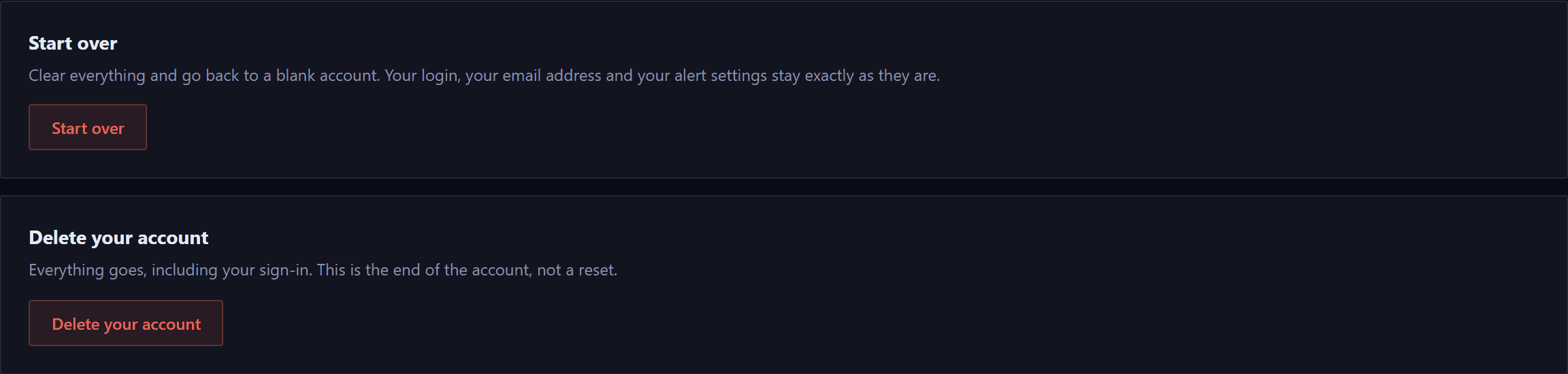 The Danger zone tab. Start over, which clears everything and returns to a blank account while keeping your login, email and alert settings. And Delete your account, where everything goes including your sign-in. Each has its own red button.
