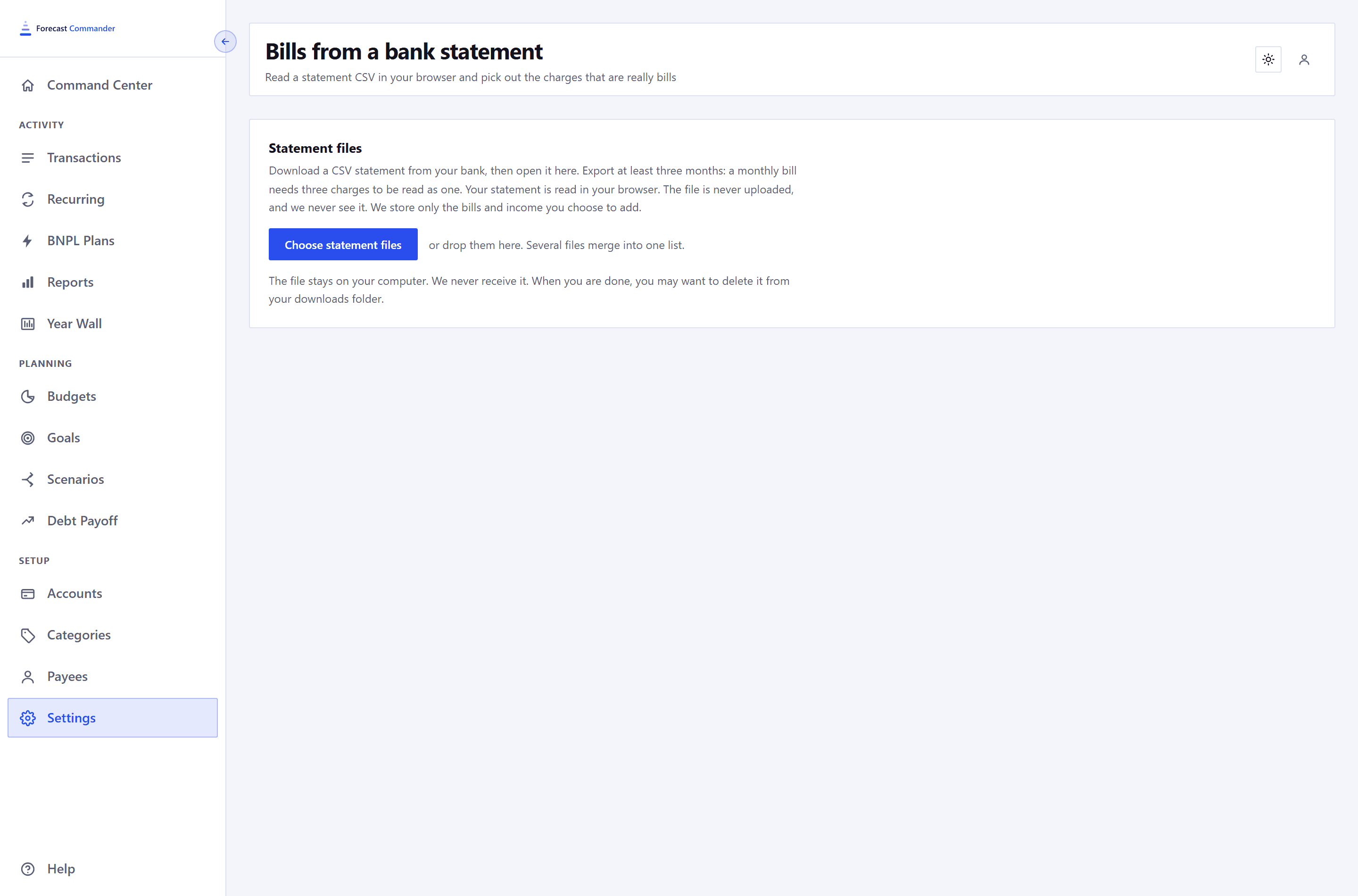 The Bills from a bank statement page in a 1440 pixel window with the sidebar open. A statement files panel with a Choose statement files button and a note that at least three months should be exported, that the file is read in your browser and never uploaded.