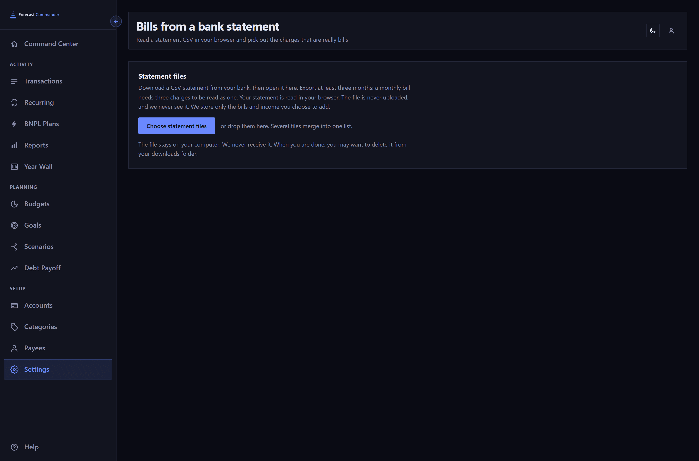 The Bills from a bank statement page in a 1440 pixel window with the sidebar open. A statement files panel with a Choose statement files button and a note that at least three months should be exported, that the file is read in your browser and never uploaded.