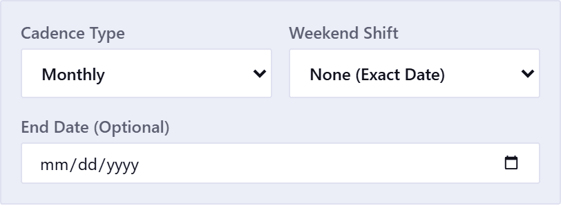The repeat block of the transaction form, shown once Repeat this transaction is ticked: a Cadence Type dropdown reading Monthly, a Weekend Shift dropdown reading None (Exact Date), and an empty End Date (Optional) field.