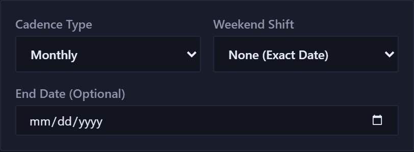 The repeat block of the transaction form, shown once Repeat this transaction is ticked: a Cadence Type dropdown reading Monthly, a Weekend Shift dropdown reading None (Exact Date), and an empty End Date (Optional) field.