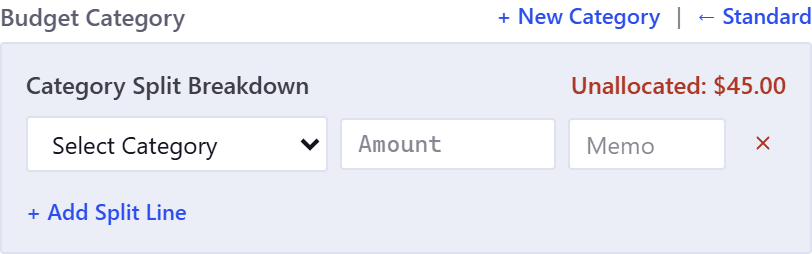 The Category Split Breakdown panel under the Budget Category label, with a running status line in red saying how much is still unallocated, one empty split row pairing a category menu with an amount and a memo, a remove button beside it, and an Add Split Line button.