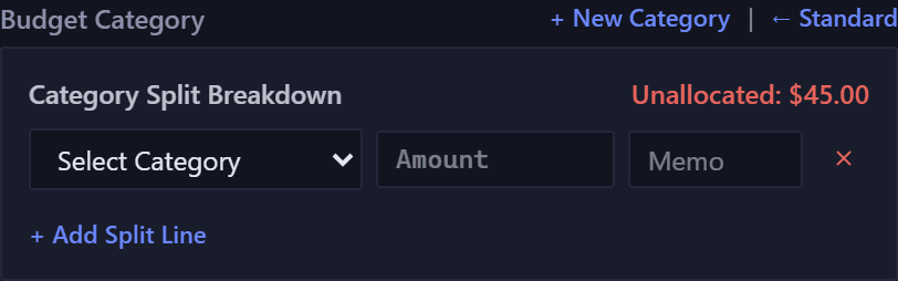 The Category Split Breakdown panel under the Budget Category label, with a running status line in red saying how much is still unallocated, one empty split row pairing a category menu with an amount and a memo, a remove button beside it, and an Add Split Line button.